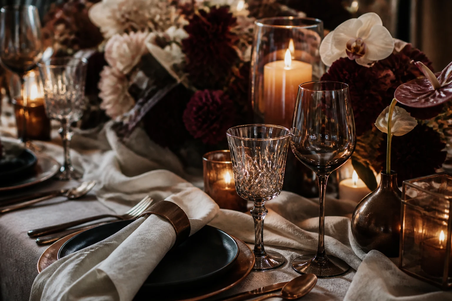 Refined event tablescape with candlelight, layered glassware, and burgundy florals