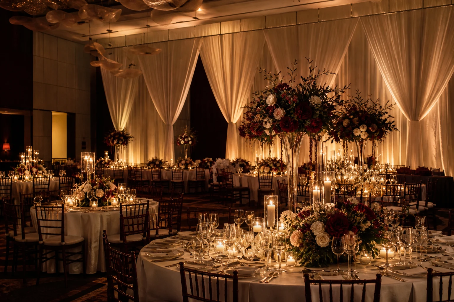 Candlelit luxury reception with sculptural draping and rich floral arrangements