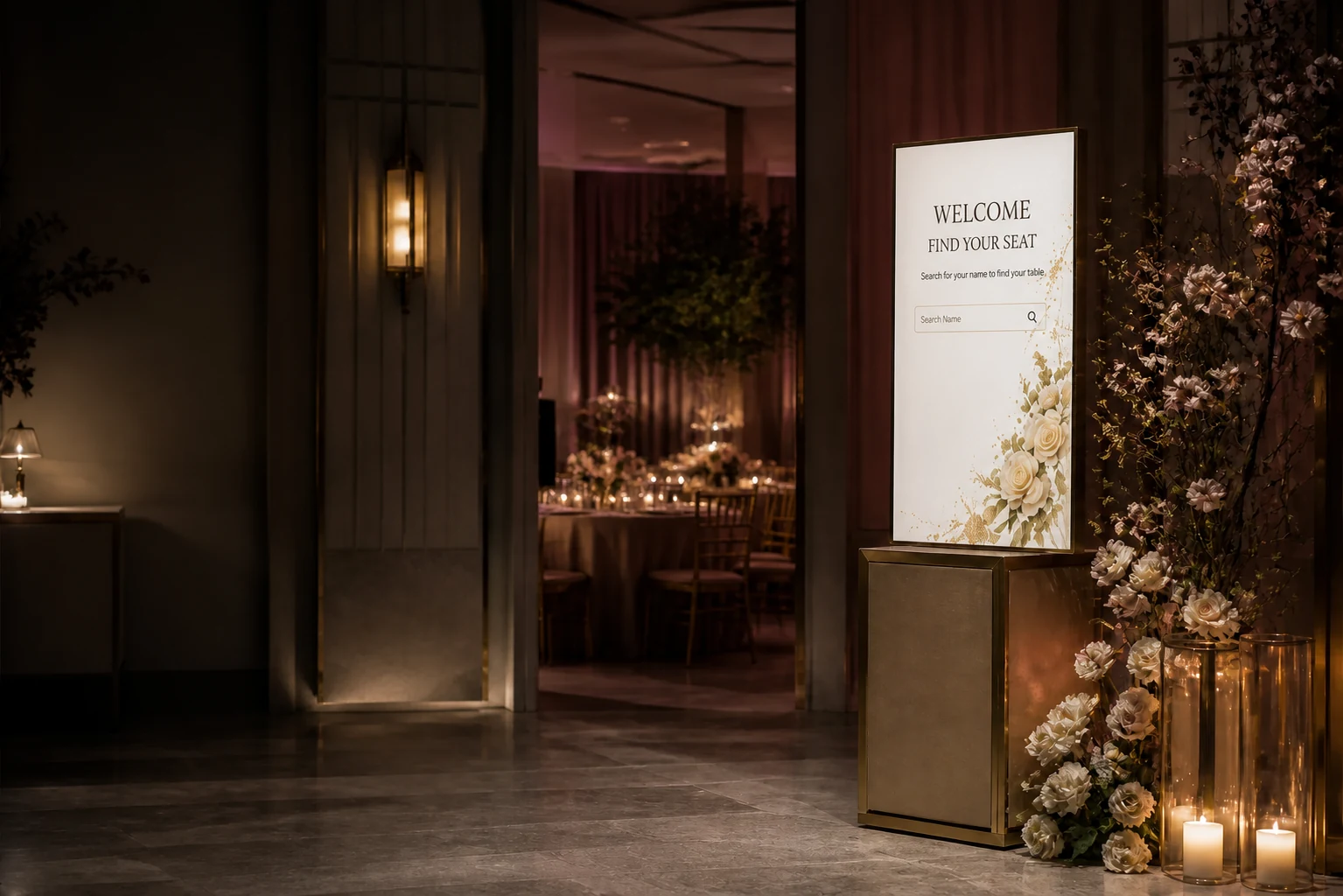 Premium guest seating welcome display in an elegant celebration setting