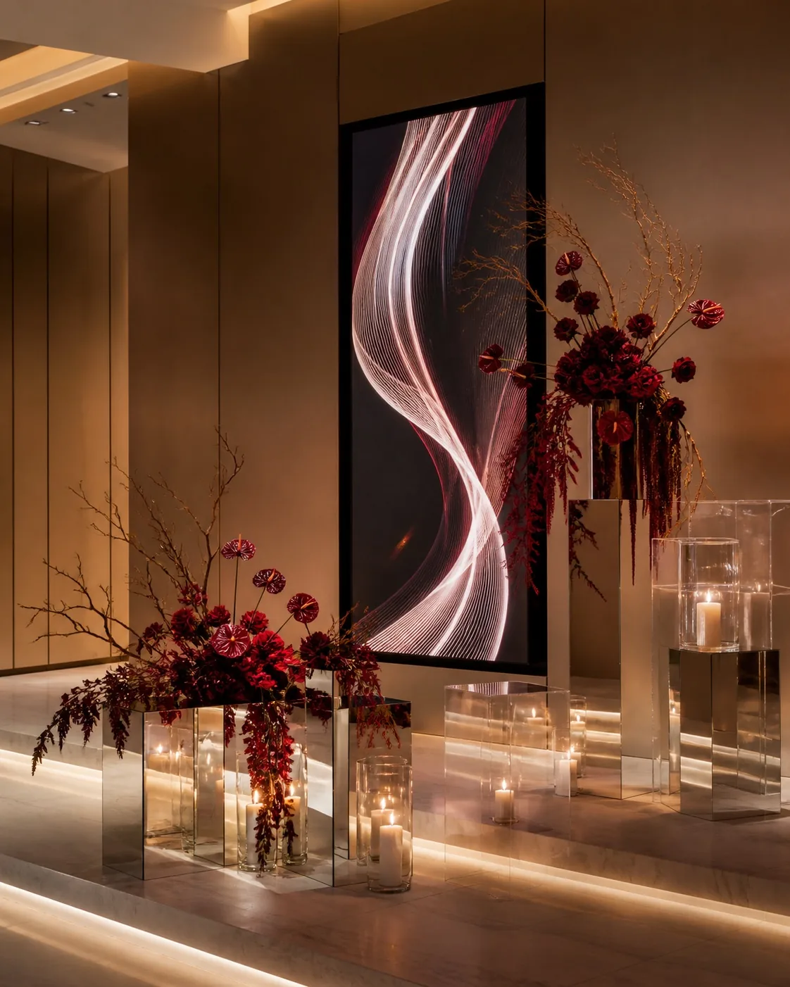 Modern guest-arrival installation prepared for an elegant celebration
